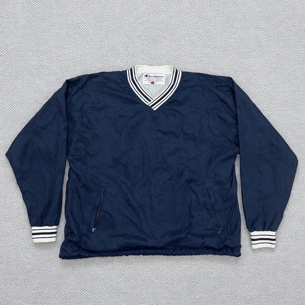 Vintage Champion V-Neck Pullover Windbreaker Navy Striped Streetwear Men's XL